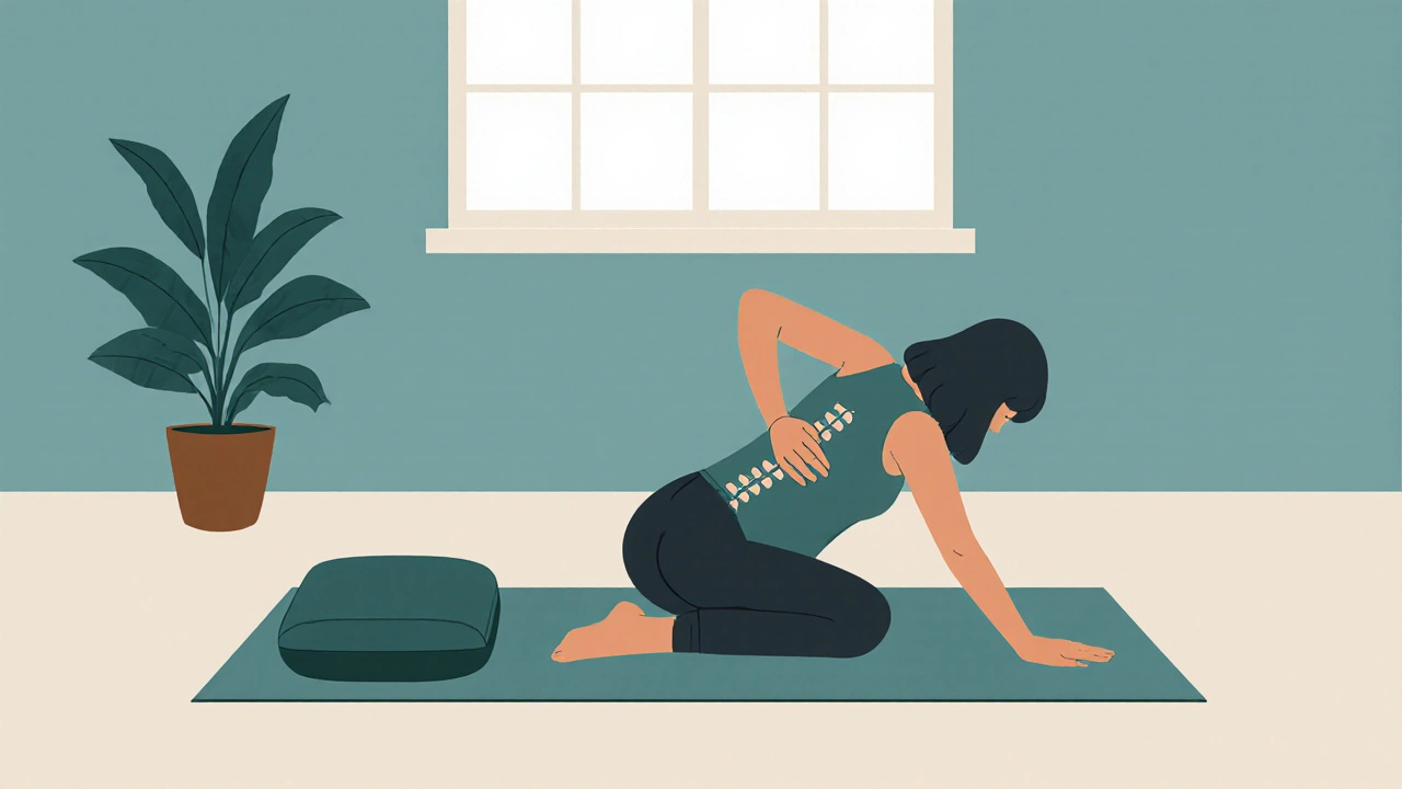 Domácí cvičení na podložce, osoba provádí jemný protahovací pohyb bez pomůcek.