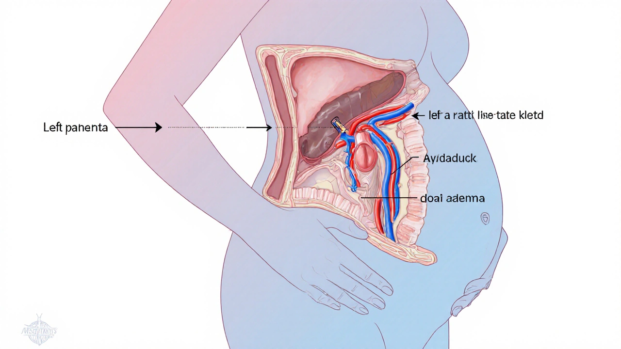 Křížový řez těla ukazuje neomezený tok krve při ležení na levém boku.