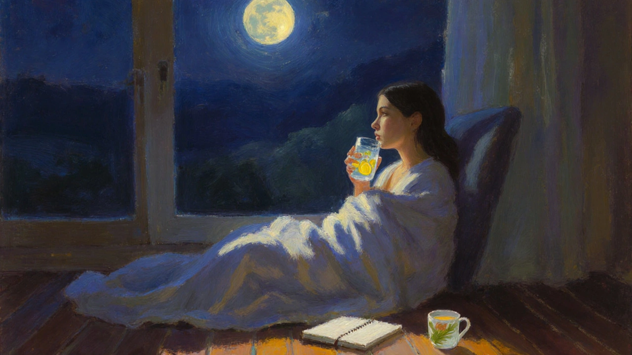 Osoba odpočívá v klidu večer, pije teplou vodu s citrónem pod měsíčním světlem.