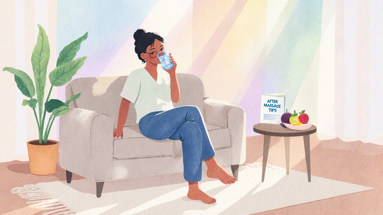 Osoba po masáži odpočívá na pohovce, pije vodu a užívá si sluneční světlo.