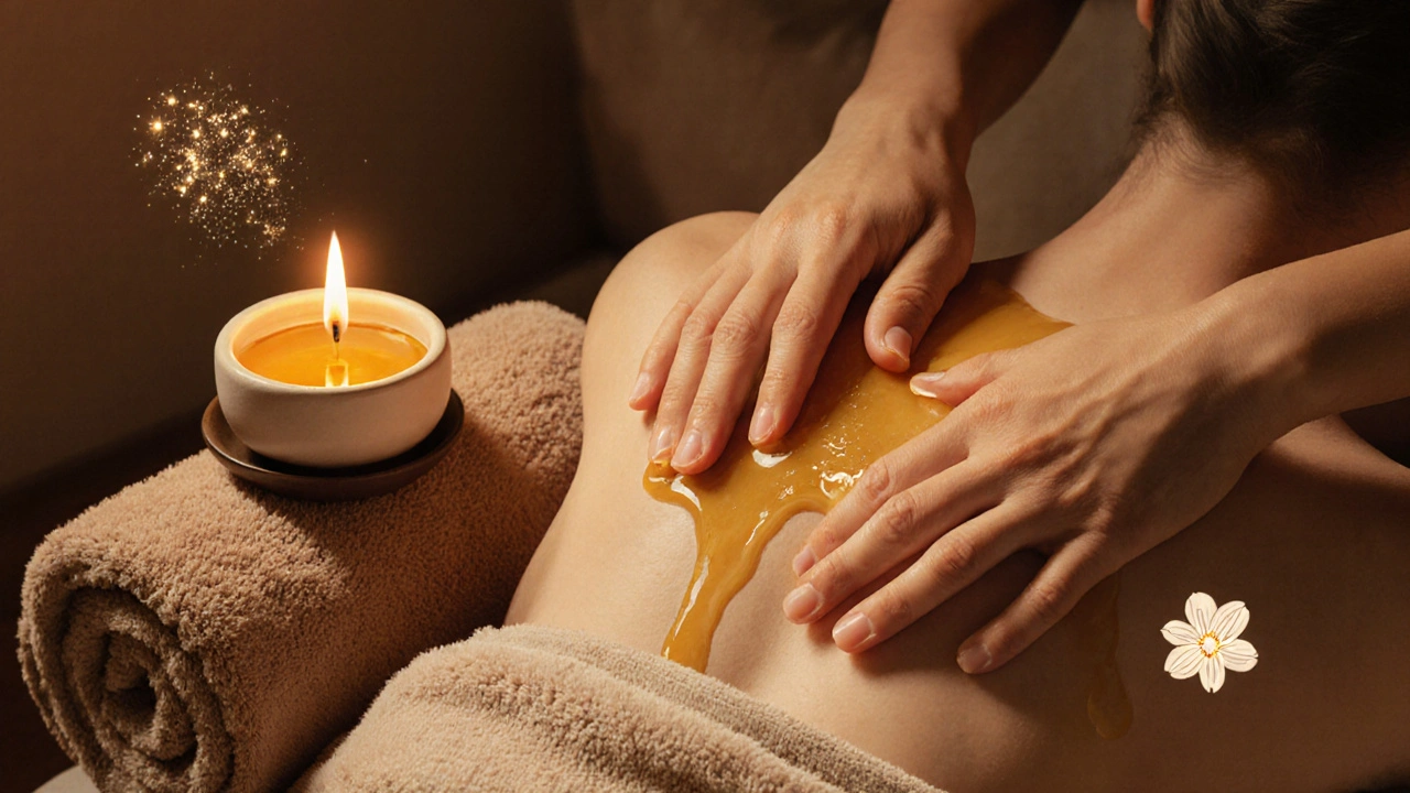 Osoba provádí domácí medovou masáž v útulném obýváku při svíčkách.