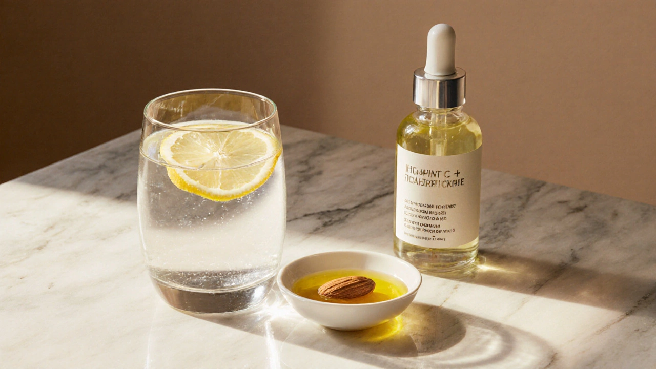 Sklenička vody s citronem, olej a sérum na mramorovém stolku.