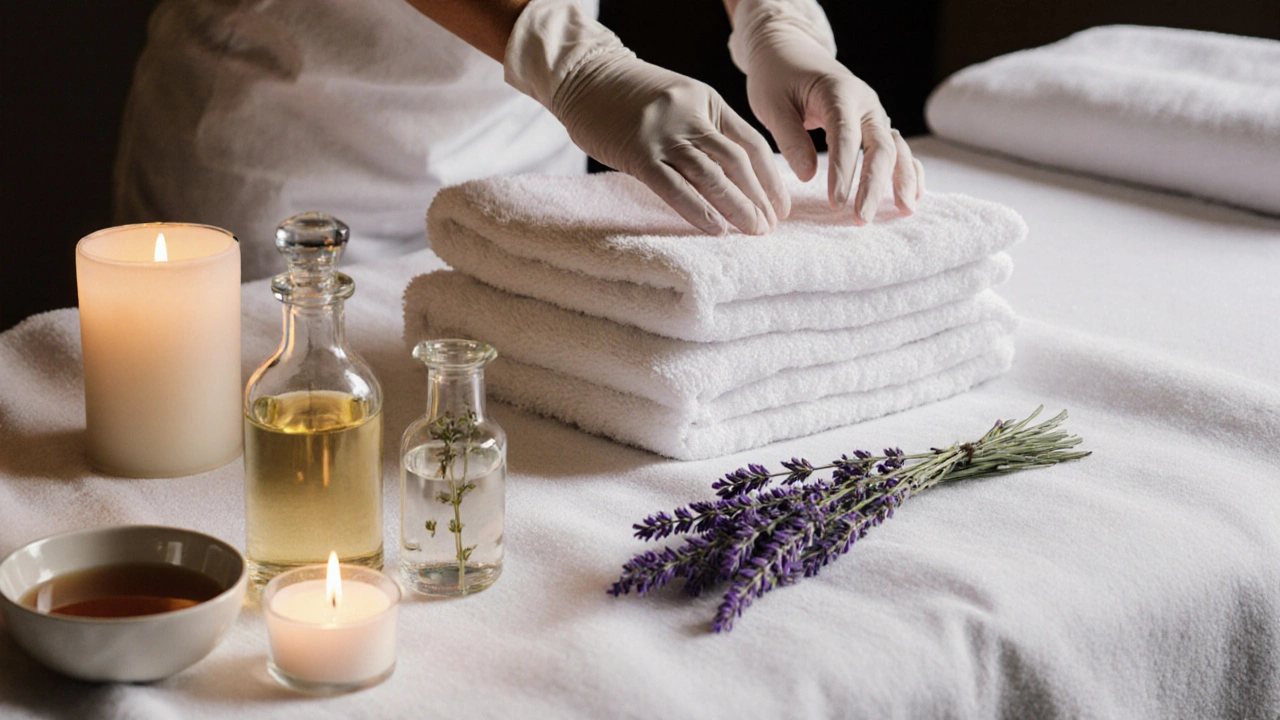 Stůl na masáž s olejem, ručníky a ruce terapeuta připravené k masáži.