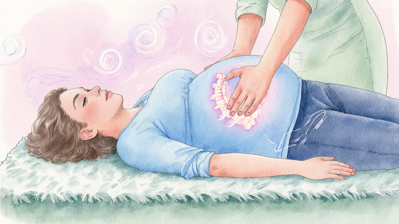 Těhotná žena v boční poloze, terapeut podporuje záda, pastelové vodové barvy.