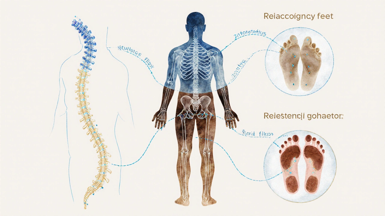 Transparenční ilustrace těla ukazující spojení mezi páteří, břichem a chodidly při trávení.