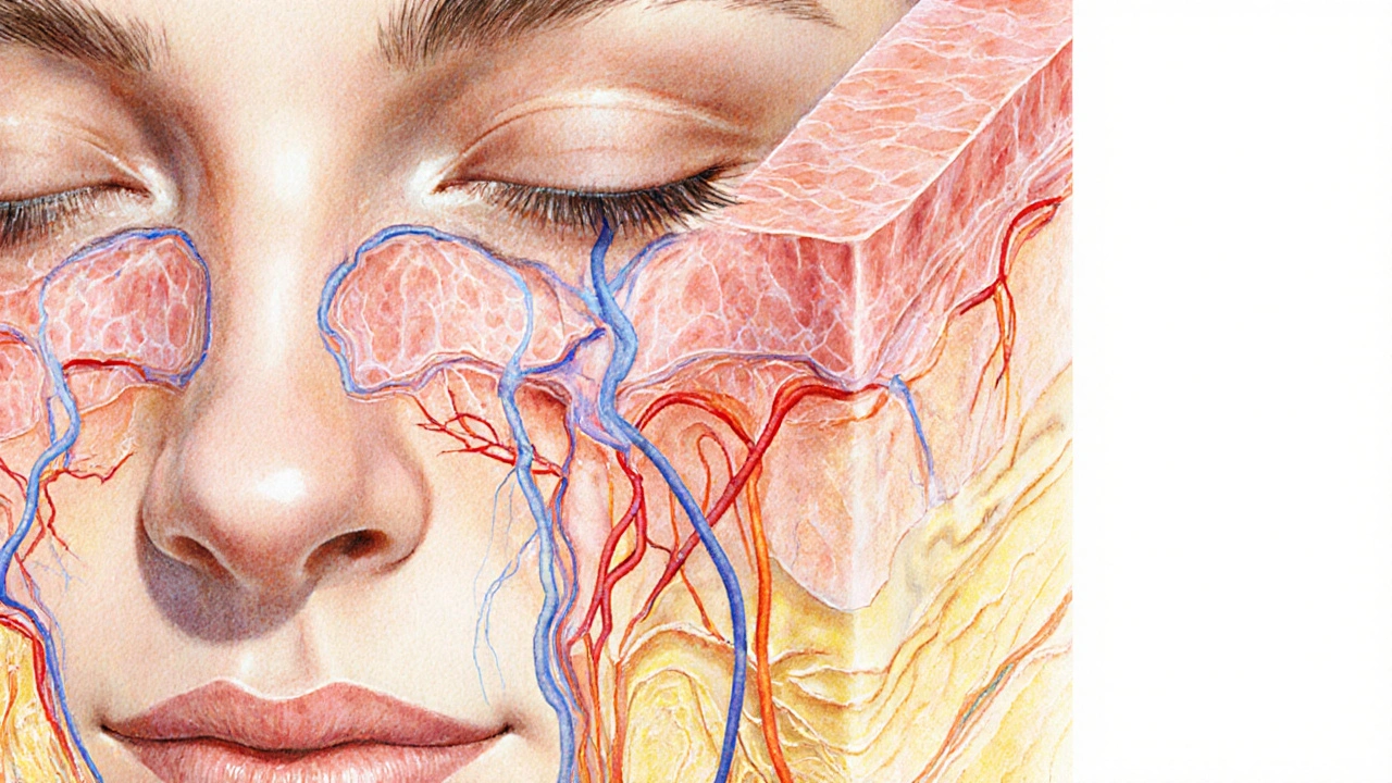 Vrstvy obličeje s vyobrazenými kapilárami a lymfatickými cévami.
