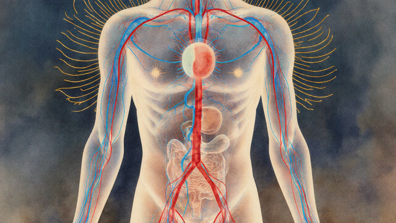 Abstraktní ilustrace těla s proudy krve a lymfy, symbolizující vnitřní rovnováhu a obnovu pokožky.