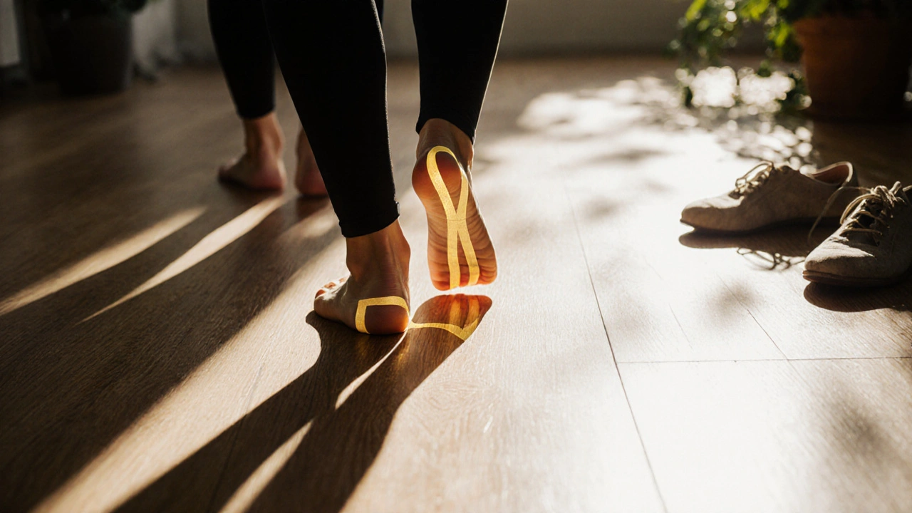 Člověk chodí bez obuvi, zlaté čáry naznačují podporu klenby, pozadí je teplé a klidné.