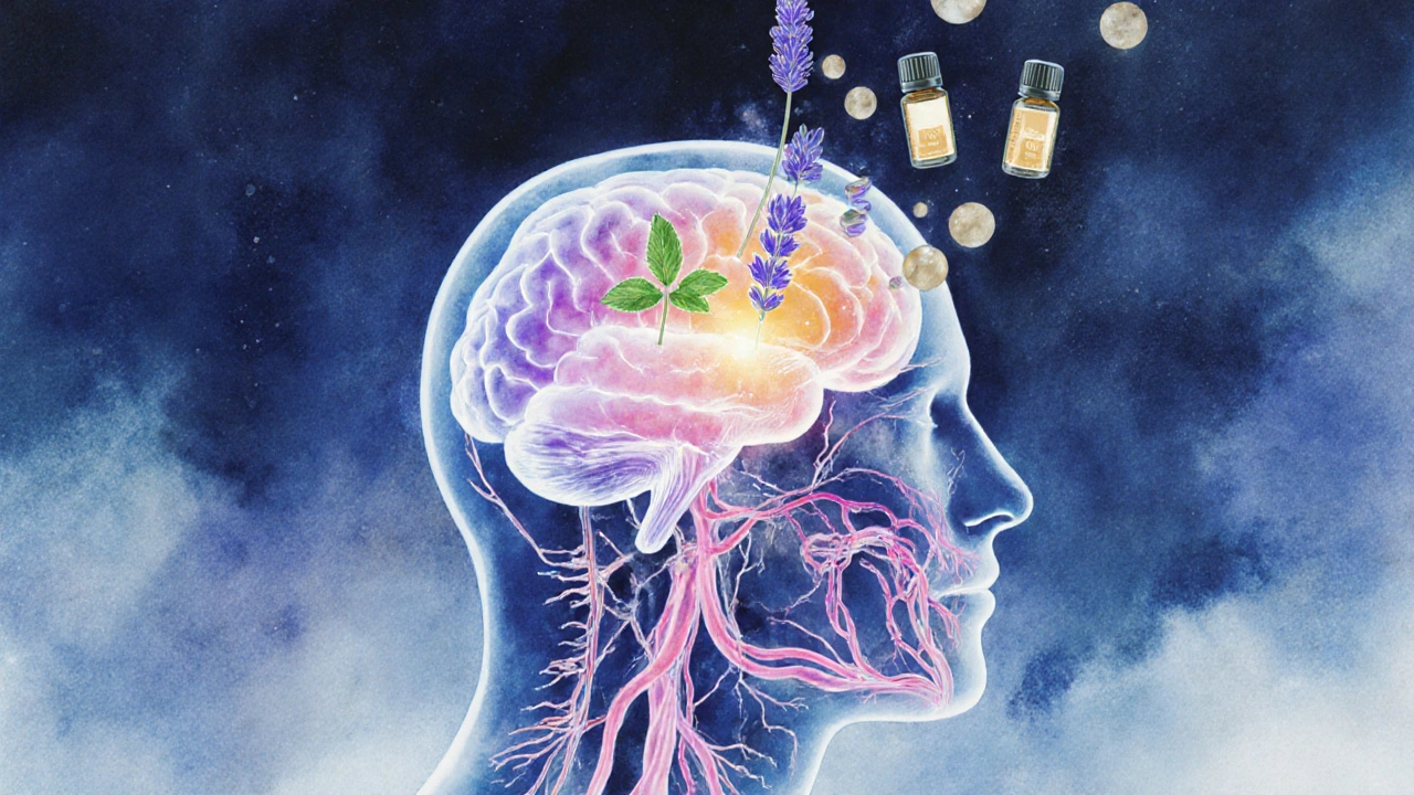 Ilustrace vstupu esenciálních olejů do mozku přes kůži a čich.