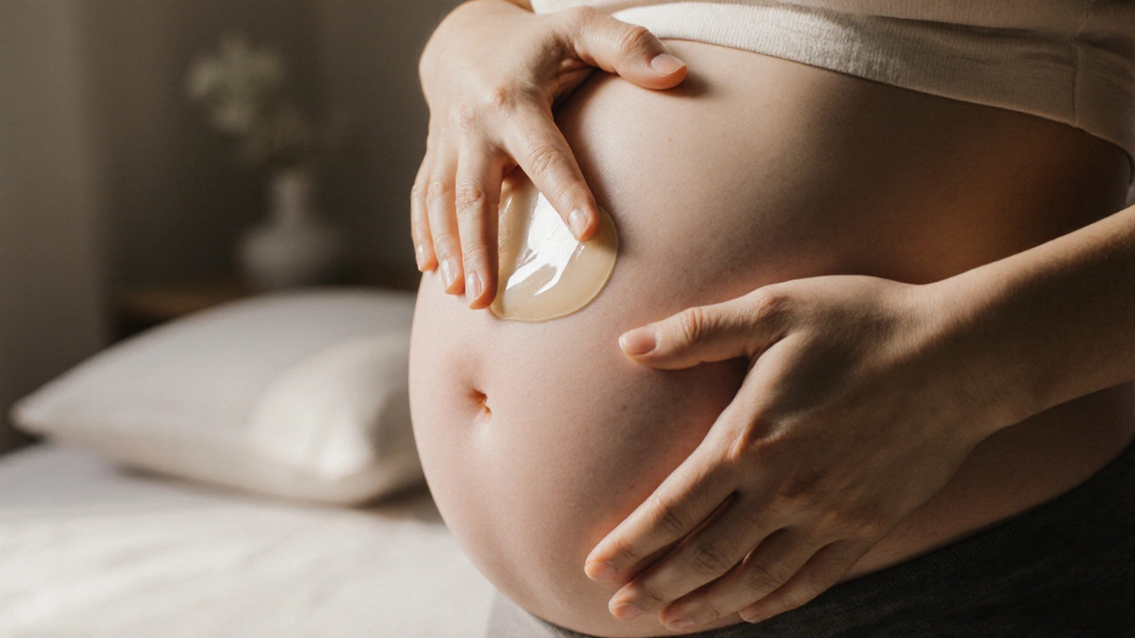 Jemné kruhové masírování strany břicha těhotné ženy bez tlaku na pupek.