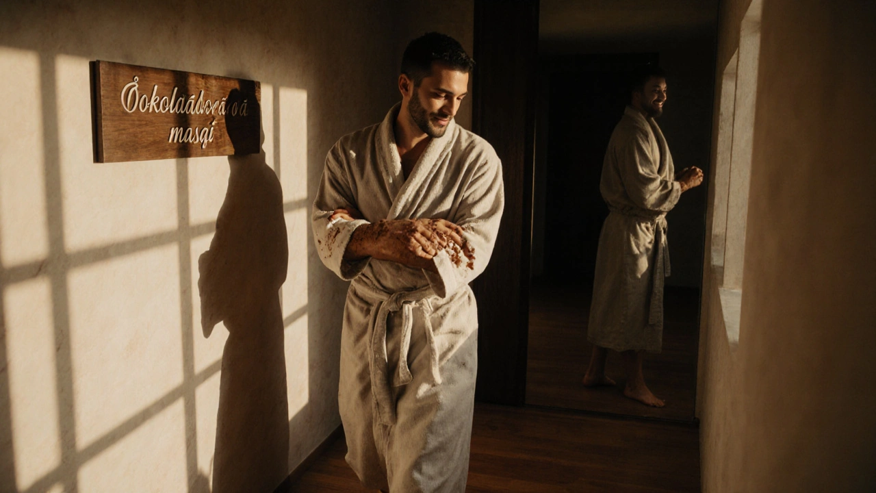 Muž v róbi kráčí spa chodbou, jeho kůže je ještě leskla z čokoládové masáže.