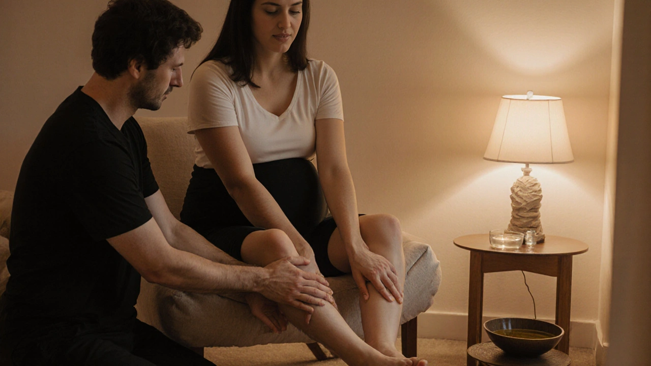 Partner masíruje nohy těhotné ženy pohyby směrem k bokům pro zlepšení oběhu.