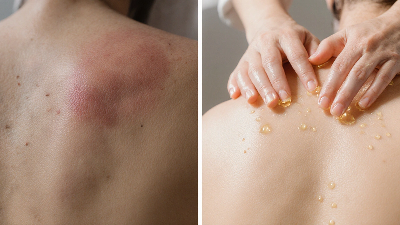 Porovnání textury pokožky: znečištěná a nezdravá na levé straně, zářivá a hladká na pravé.