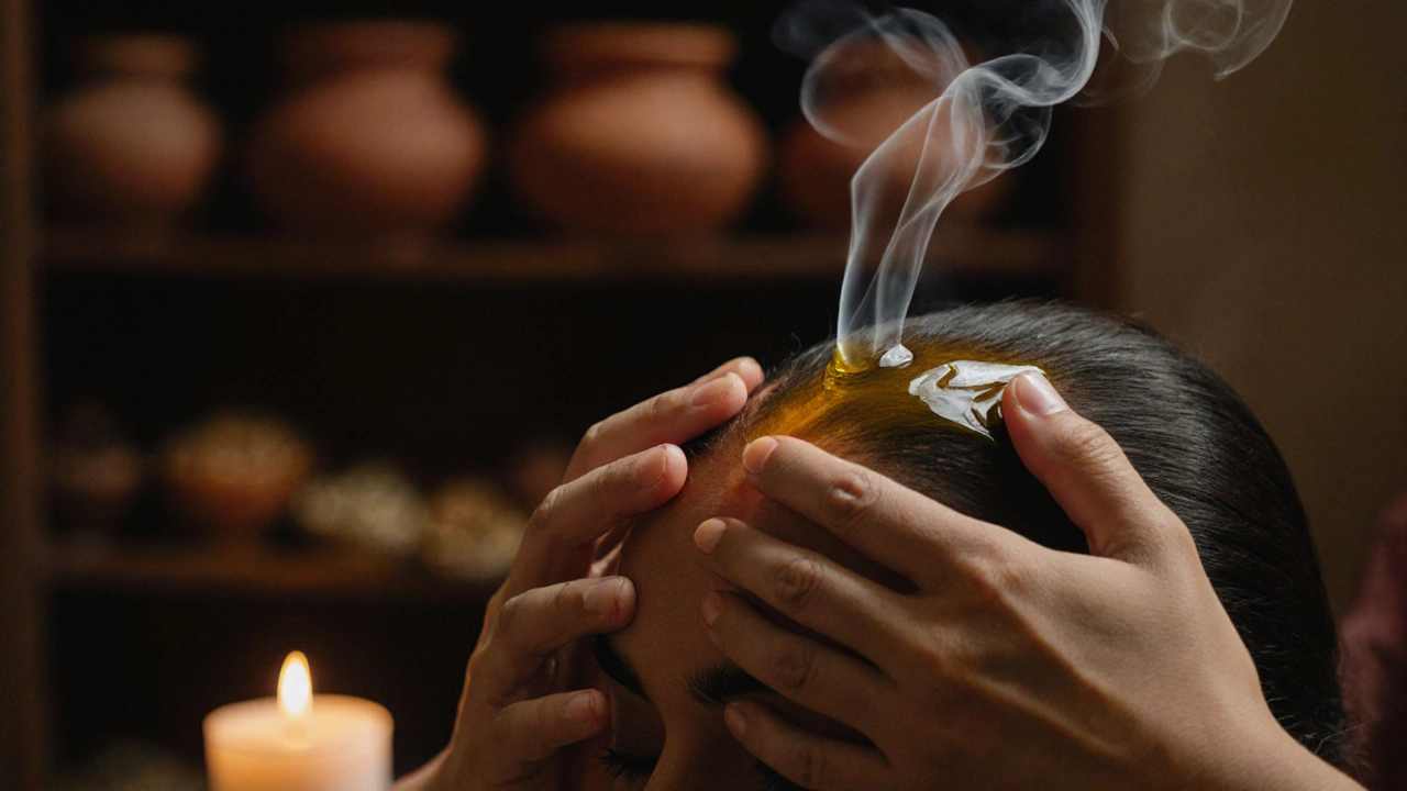 Ruce aplikují teplý olej na hlavu a spánky v klidném prostředí s bylinkami a svíčkami.