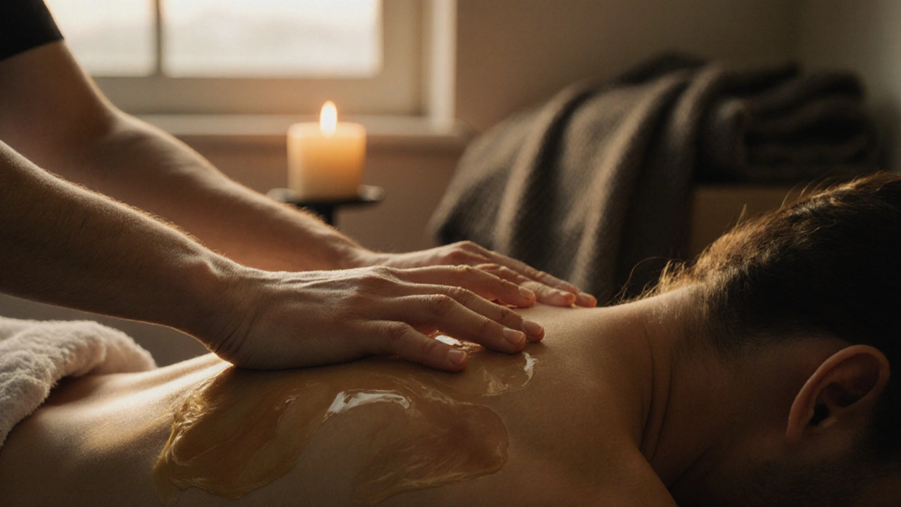 Ruce provádějící pomalé, hladké pohyby na rameni a zádech s jemným leskem oleje na kůži.