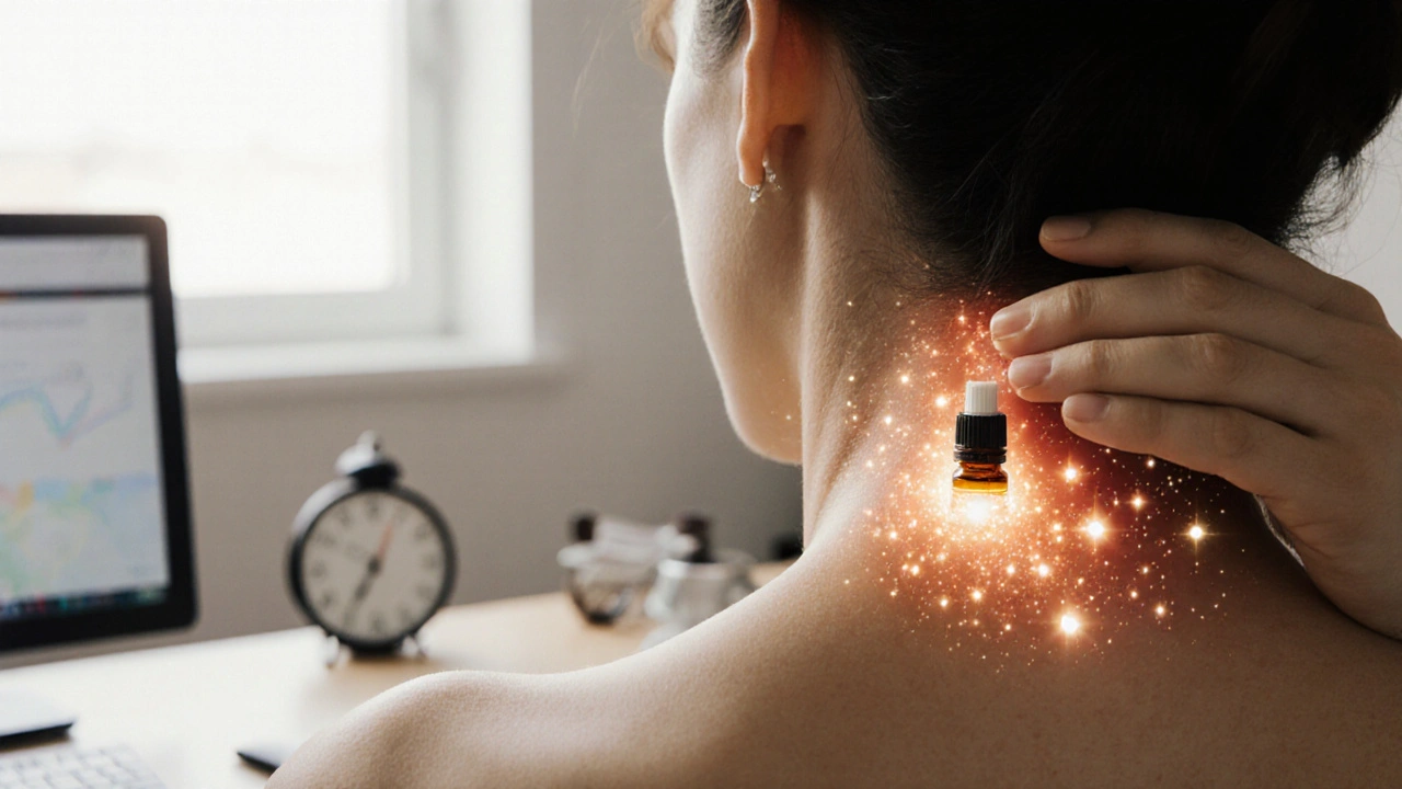 Ruka aplikuje esenciální olej na krk s vize uklidňujících signálů.