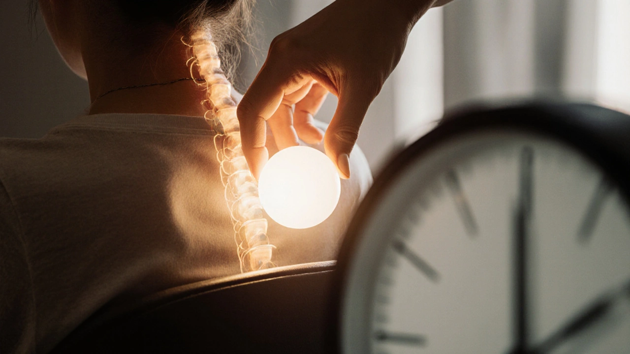 Ruka klade masážní míček pod páteř na židli, symbolizující denní péči o záda.