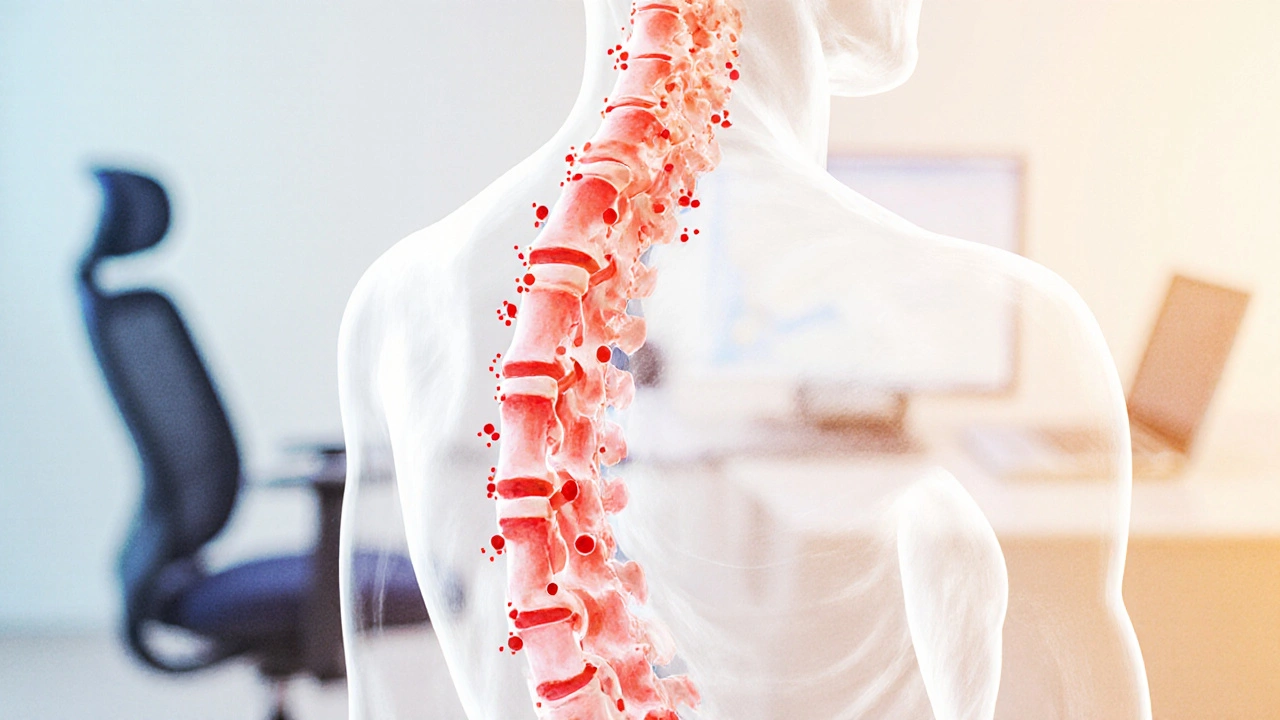 Schematický náčrt páteře s označenými klíčovými body napětí v oblasti pasu, mezi lopatkami a krku.