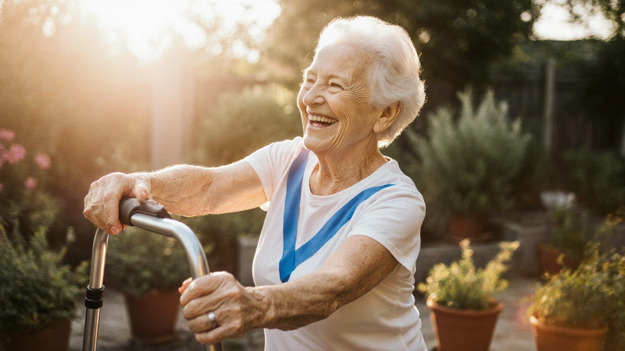 Starší žena se pohybuje volně v zahradě s kinesiologickým tejpem na zádech.