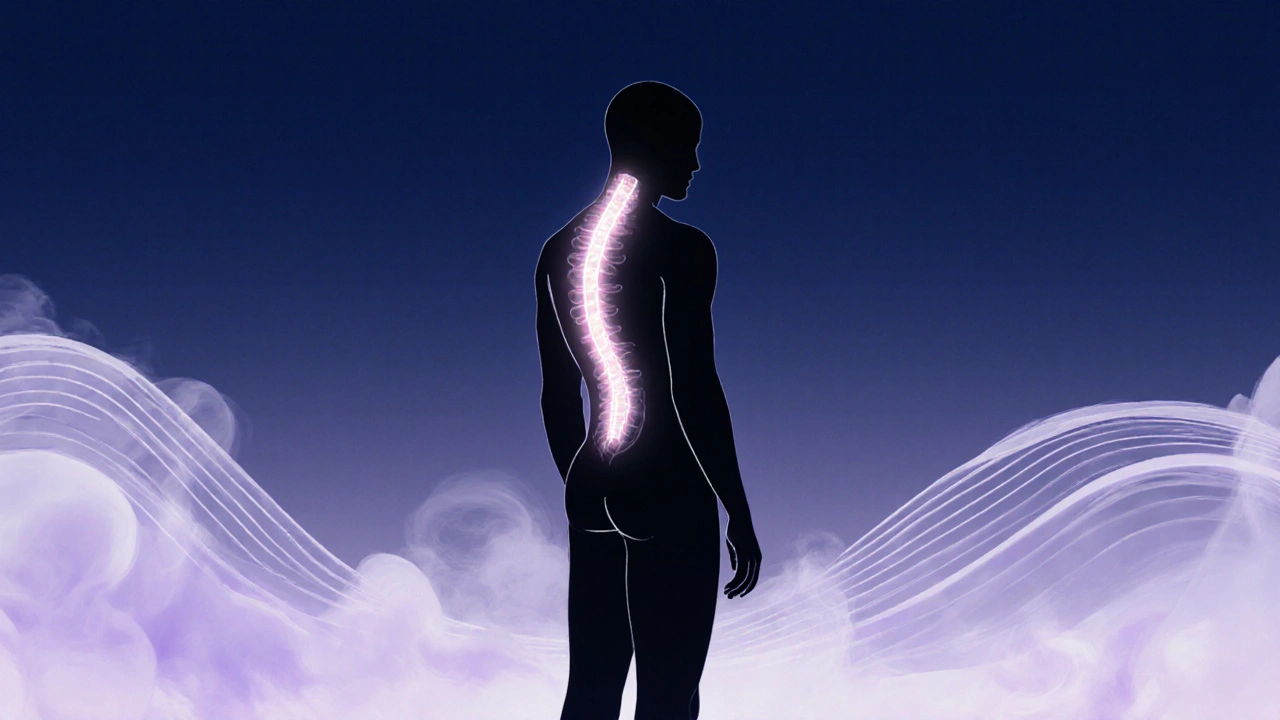 Symbolický obraz lidské postavy s proudy světla vyzařujícími z páteře, znázorňující uvolnění stresu.
