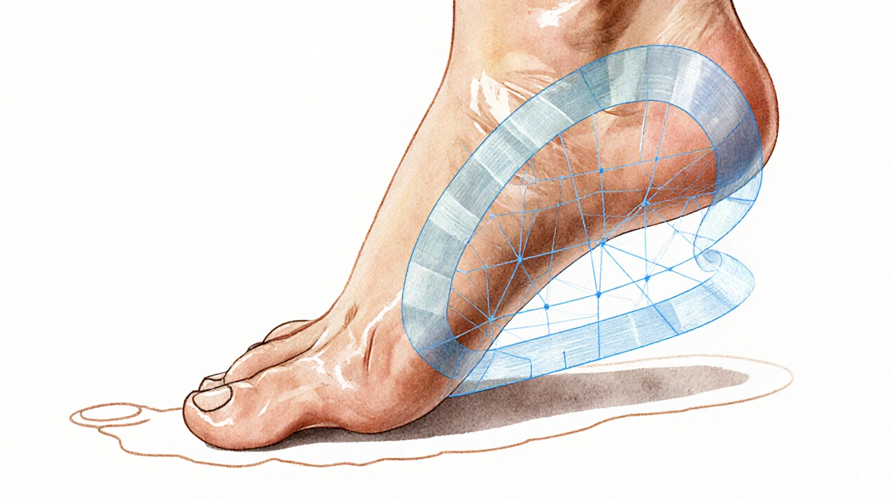 Vodová kresba lidské nohy s rozložením tíhy a podporou klenby pomocí pruhů tejpování.