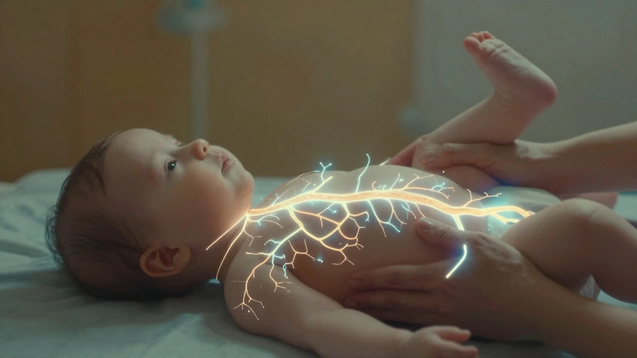 Abstraktní znázornění nervových spojení aktivovaných masáží u kojence.