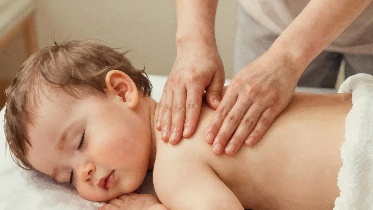 Dítě leží na bříšku, zatímco rodič masíruje jeho páteř jemnými pohyby.
