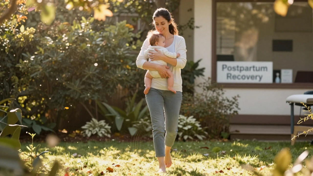 Matka šťastně prochází s dítětem v zahradě, znázorňující obnovu pohybu a pohody po porodu.