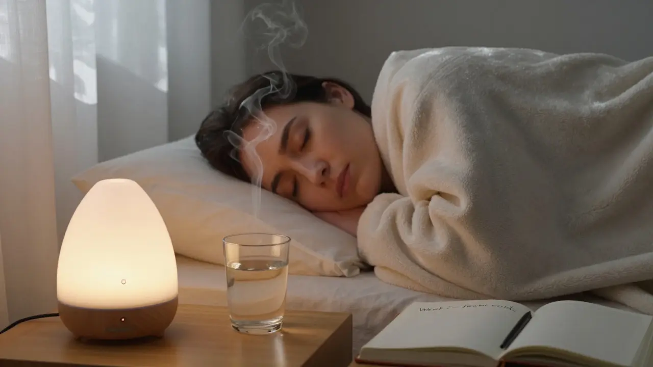 Osoba spí pod přikrývkou s jemným parou esenciálních olejů nad tělem a teplou vodou na nočním stolku.