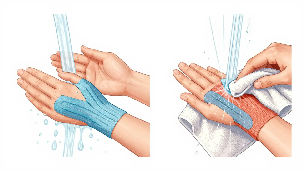 Porovnání správného a špatného sprchování s tejpem – voda a tření.