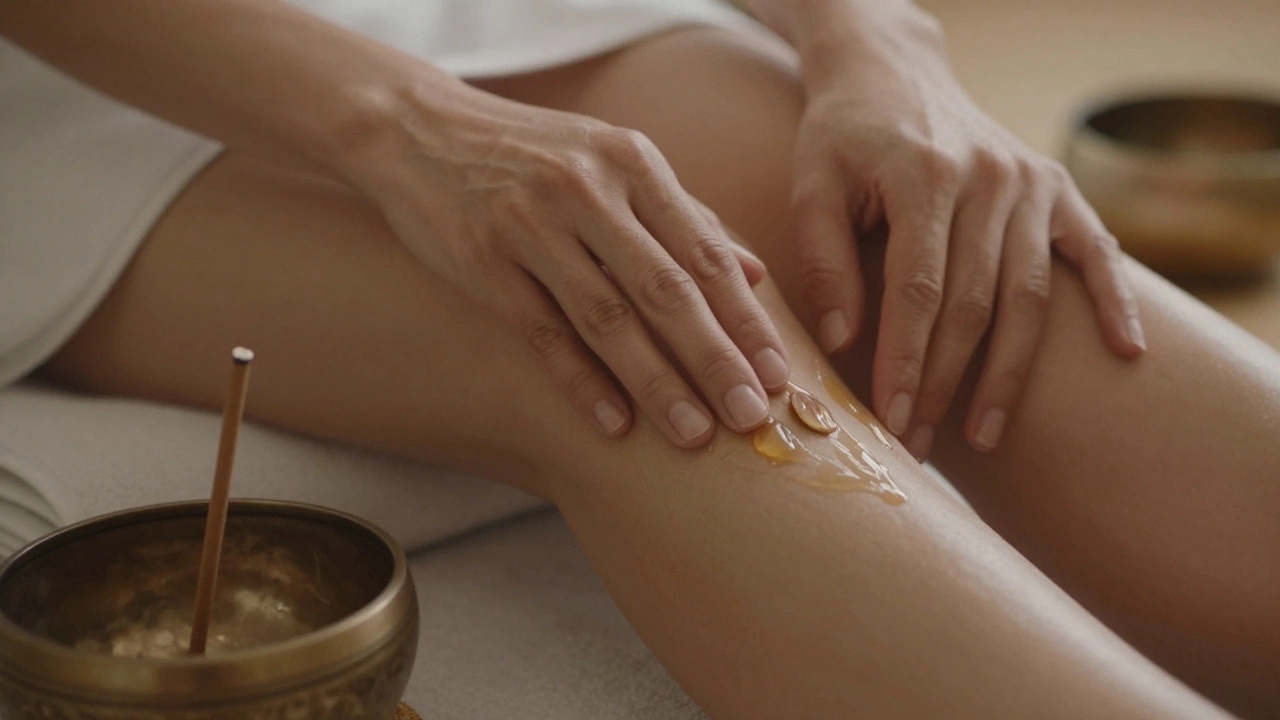 Ruce pomalu aplikují olej na stehno pod měkkým světlem, vedle jsou svíčka a ručník.