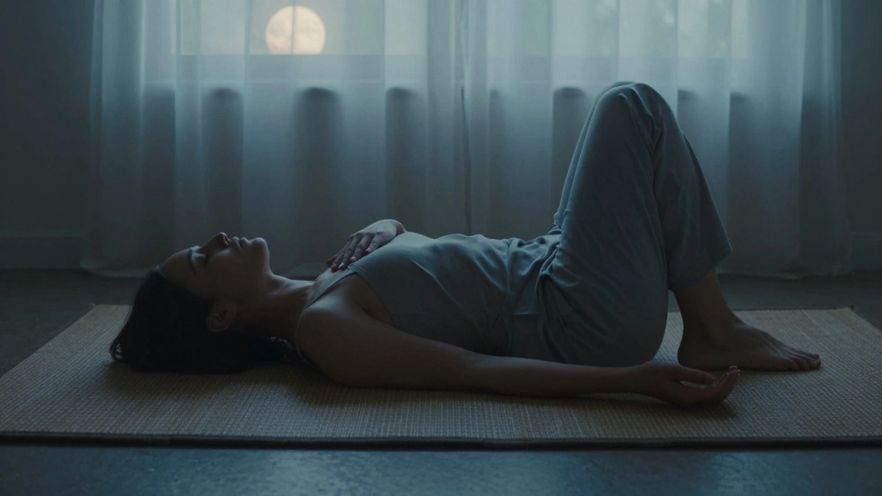 Samotná osoba se dotýká vlastního těla od nohy po rameno, v klidném, minimálním prostředí s měsíčním světlem.