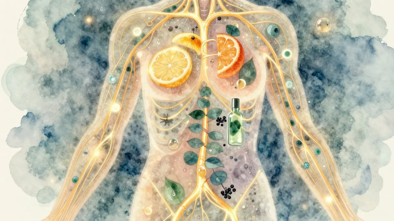 Stylizovaný náčrt lidského těla s světelnými lymfatickými cestami a kapkami esenciálních olejů pronikajících do pokožky.