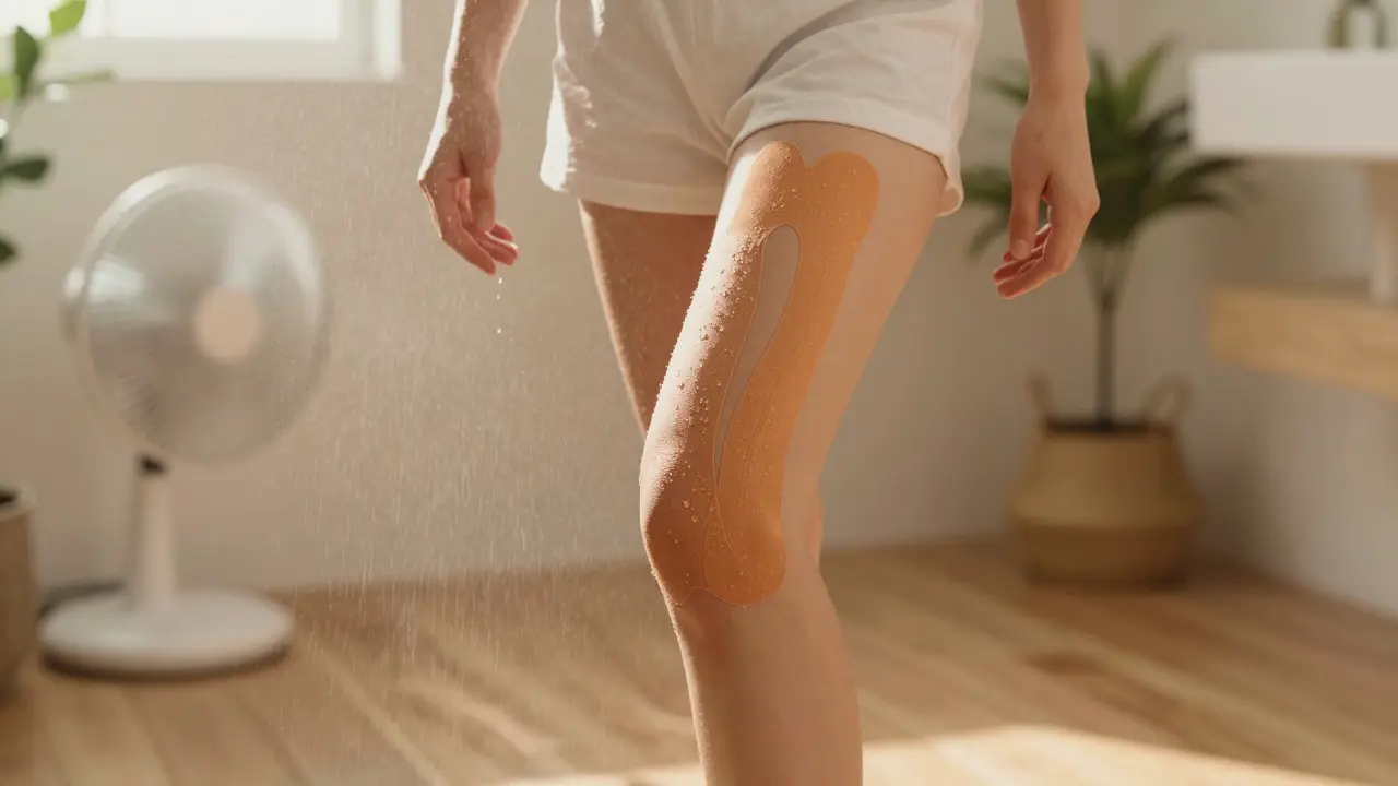 Tejp vysychá přirozeně na noze po sprše, žádný ručník, jemné světlo.