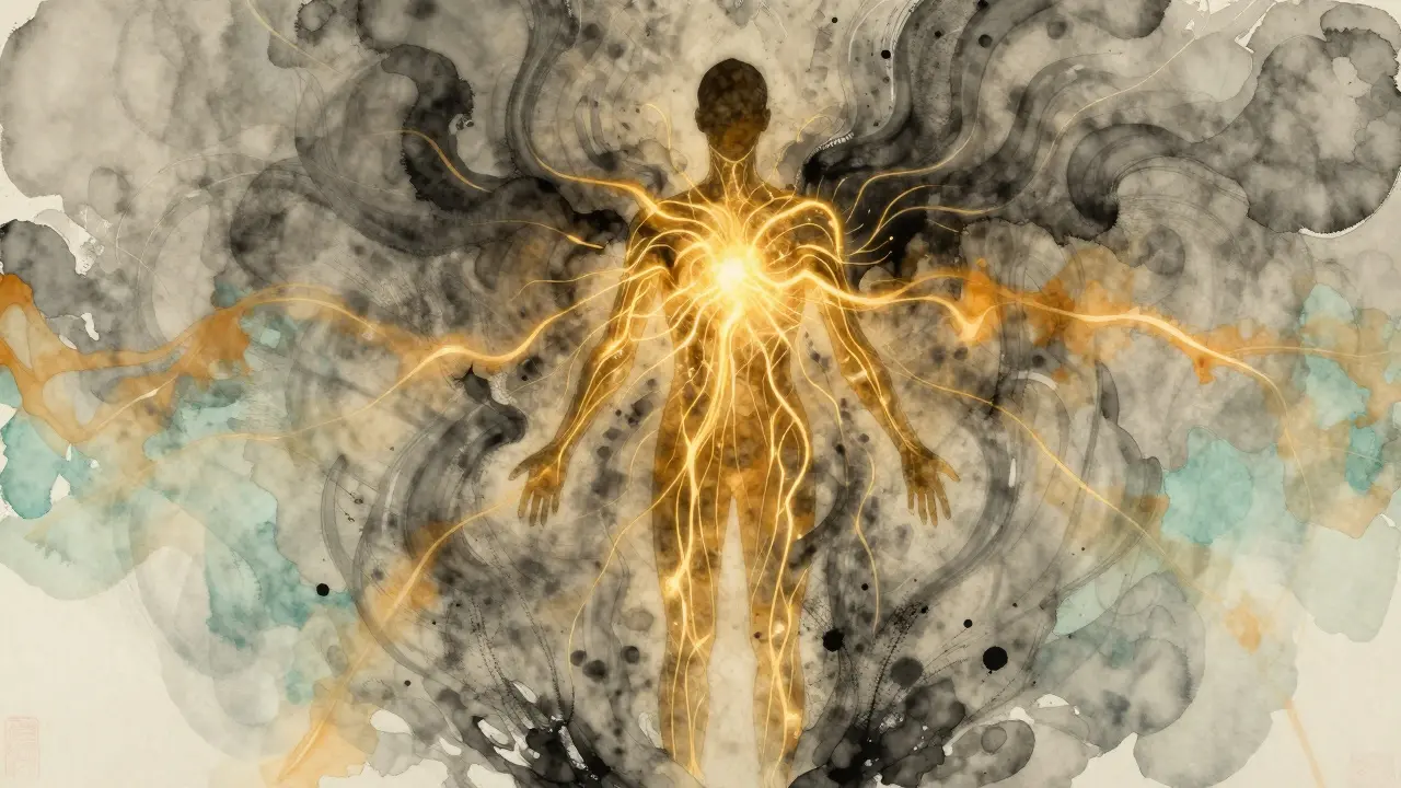 Abstraktní silueta lidského těla s zlatými energetickými linkami, které vyzařují klid a obnovu.