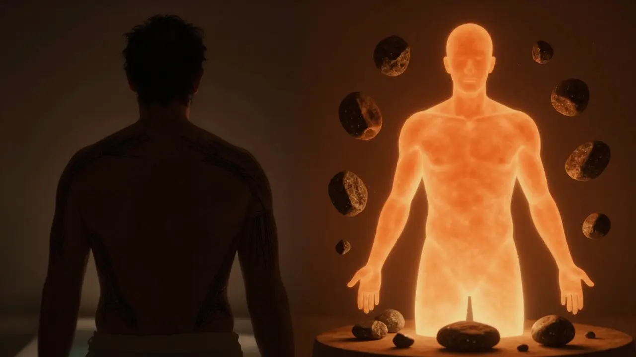 Kontrast mezi napjatým a uvolněným tělem, s lávovými kameny symbolizujícími přechod od bolesti k klidu.