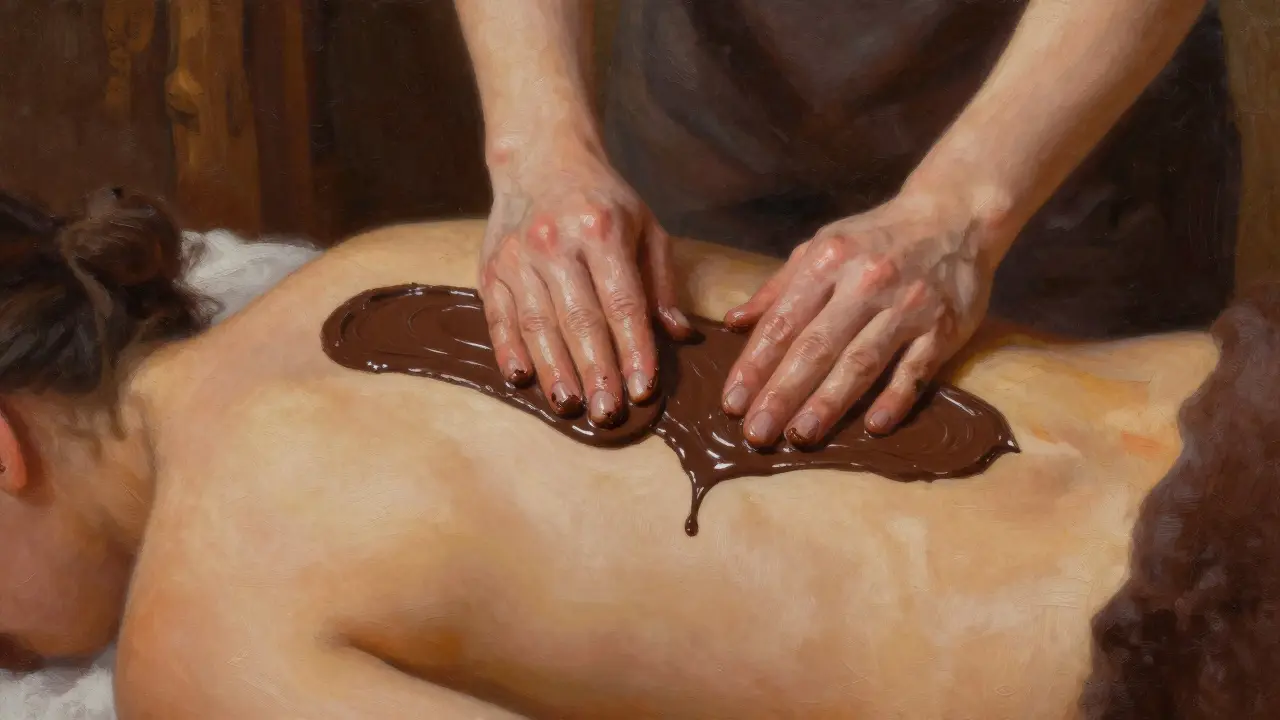 Masér aplikuje teplou čokoládu na záda klienta v klidném prostředí.