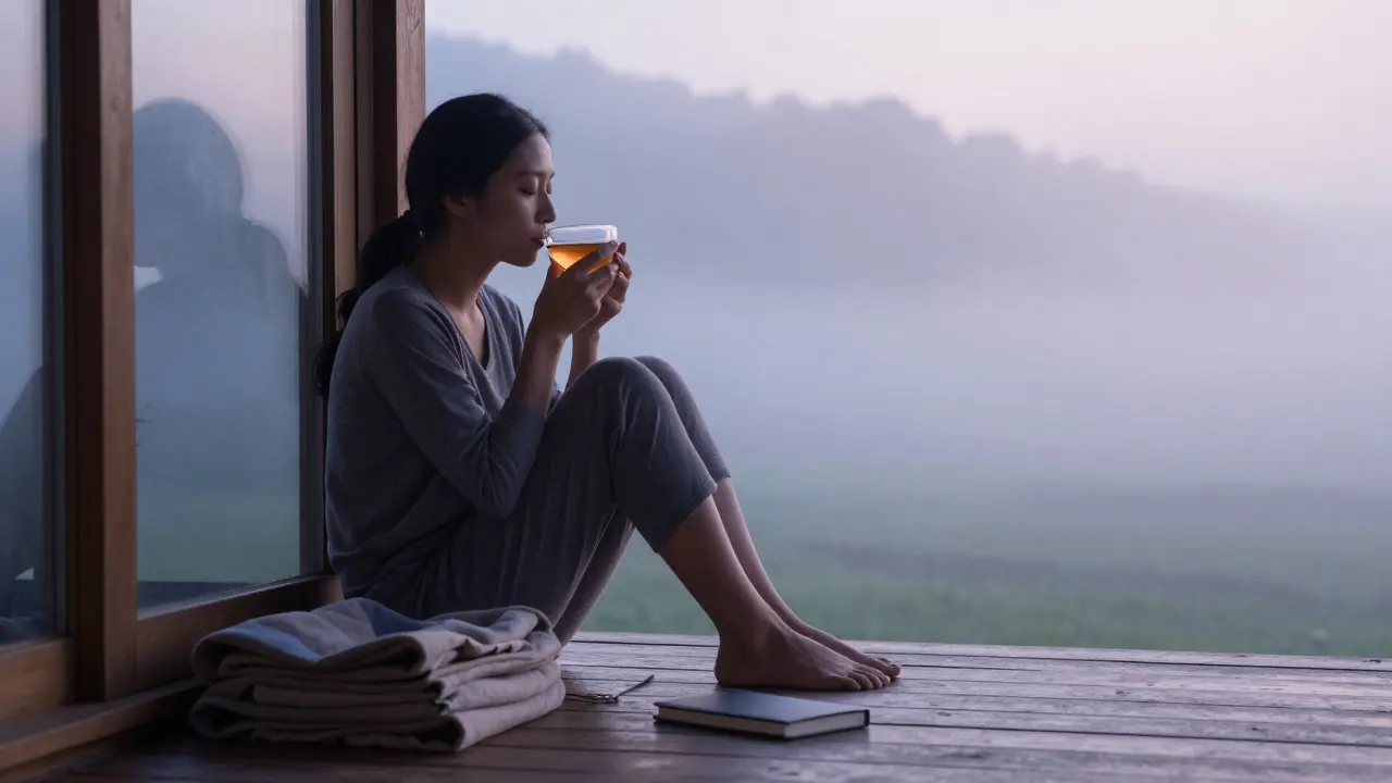 Osoba sedí na verandě ráno, pije čaj a cítí klid po masáži, kolem ní vzniká mlha.
