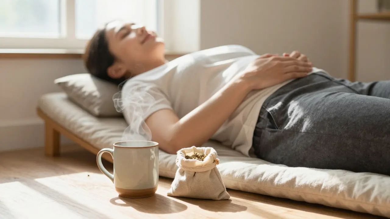 Osoba sedí po jídle s rukou na břiše, klidně dýchá ve slunečném pokoji s teplou kávou.