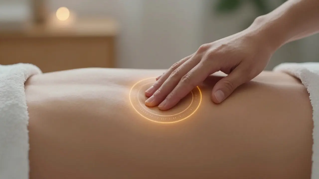 Ruka jemně masíruje břicho ve směru hodinových ručiček, teplý dotek a mírný růžový odstín kůže.