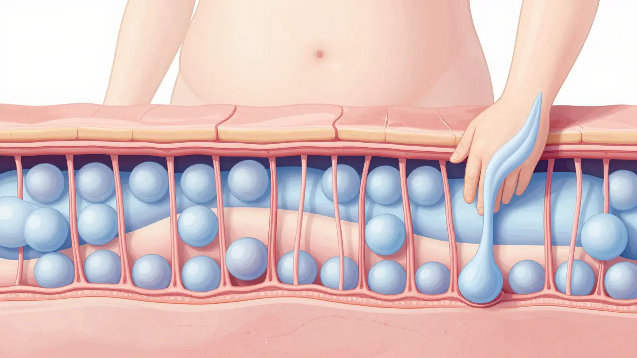 Vizualizace struktury celulitidy: tukové buňky tlačící na svislá spojivová vlákna pod kůží.