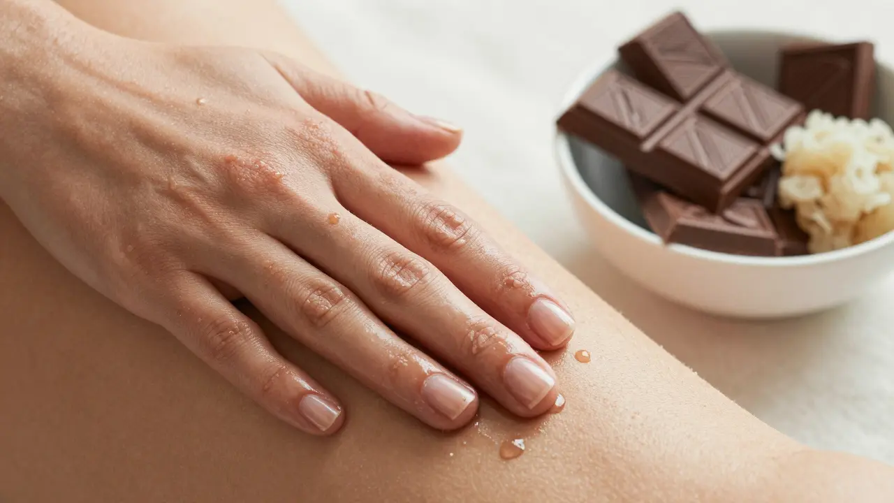 Zářivá kůže po čokoládové masáži s kouskem tmavé čokolády a přírodním peelingem.