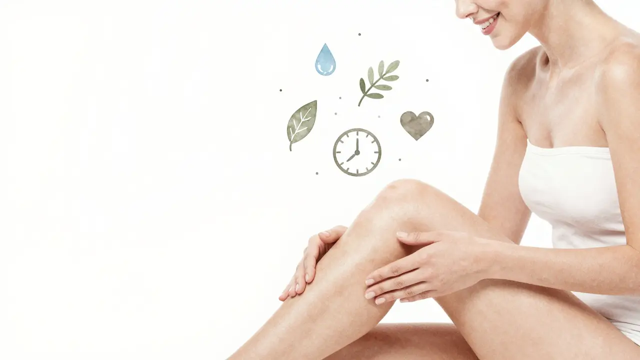 Žena se dotýká hladší kůže, kolem ní symboly vody, listu, hodin a srdce jako znaky změny.
