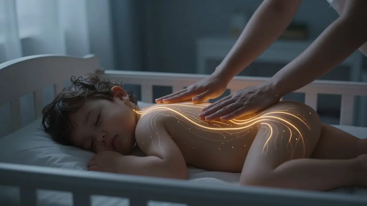 Dítě spí v postýlce po večerní masáži, symbolicky označené jemnými zlatými čárami.