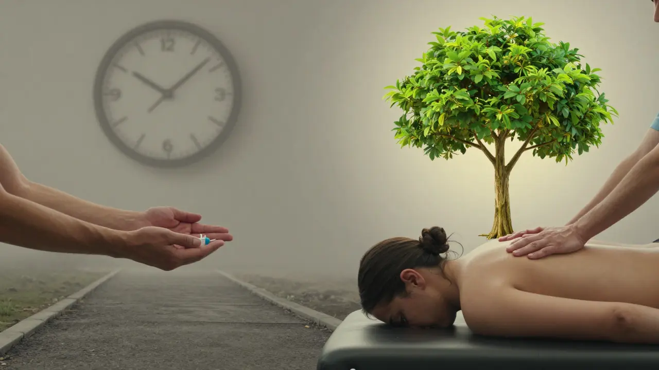 Dvě cesty k léčbě bolesti zad: opakované injekce versus rehabilitační masáž a pohyb.