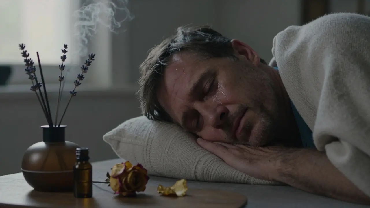 Muž po masáži pláče klidně, přikrytý plachtou, ve vzdálenosti difúzer s oleji.