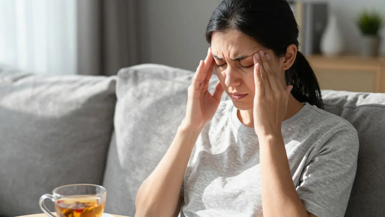 Osoba provádí domácí reflexní masáž na ruce pro úlevu od bolesti hlavy.