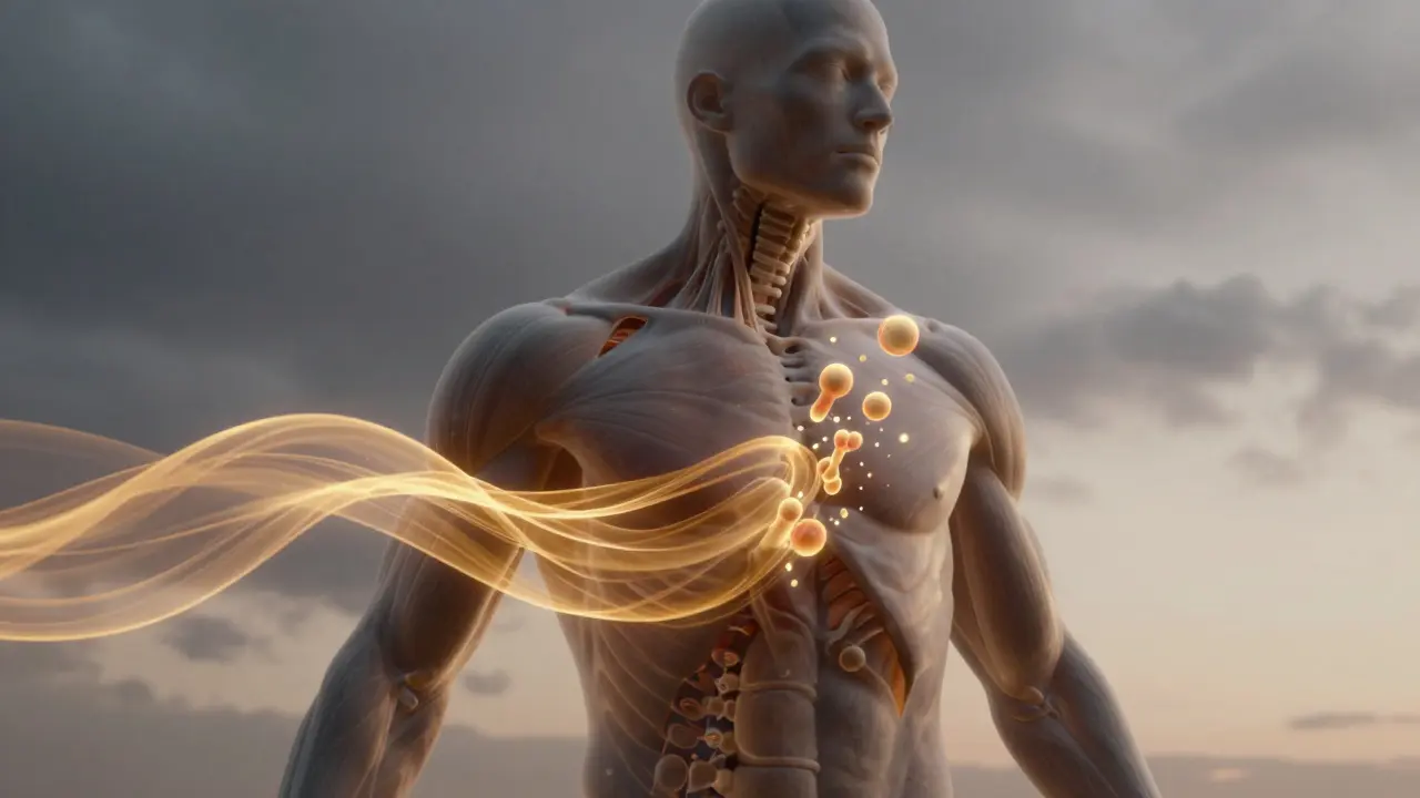 Průhledný lidský obraz s napjatými svaly a teplým vlněním, které je uvolňuje.