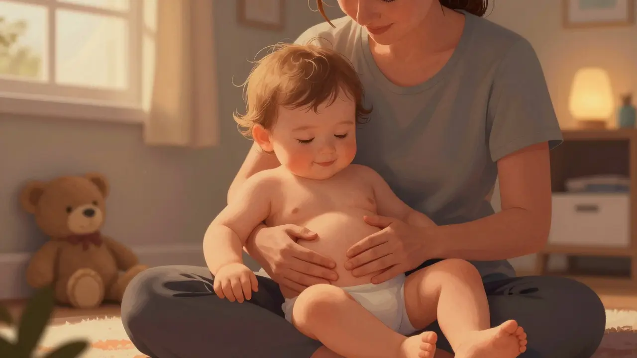 Rodič masíruje batolata na kolenou s klidným výrazem na obličeji.