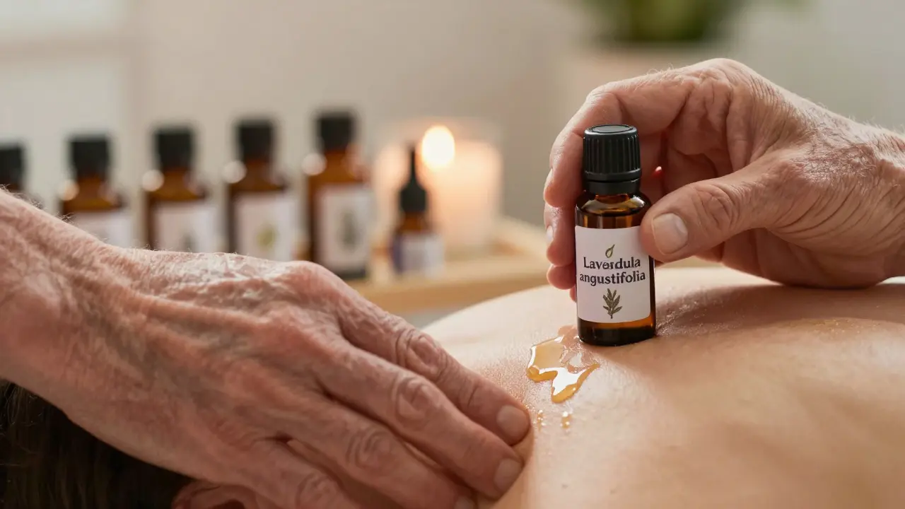 Ruce aplikují esenciální olej na krk, na pozadí jsou lahvičky s botanickými názvy olejů.
